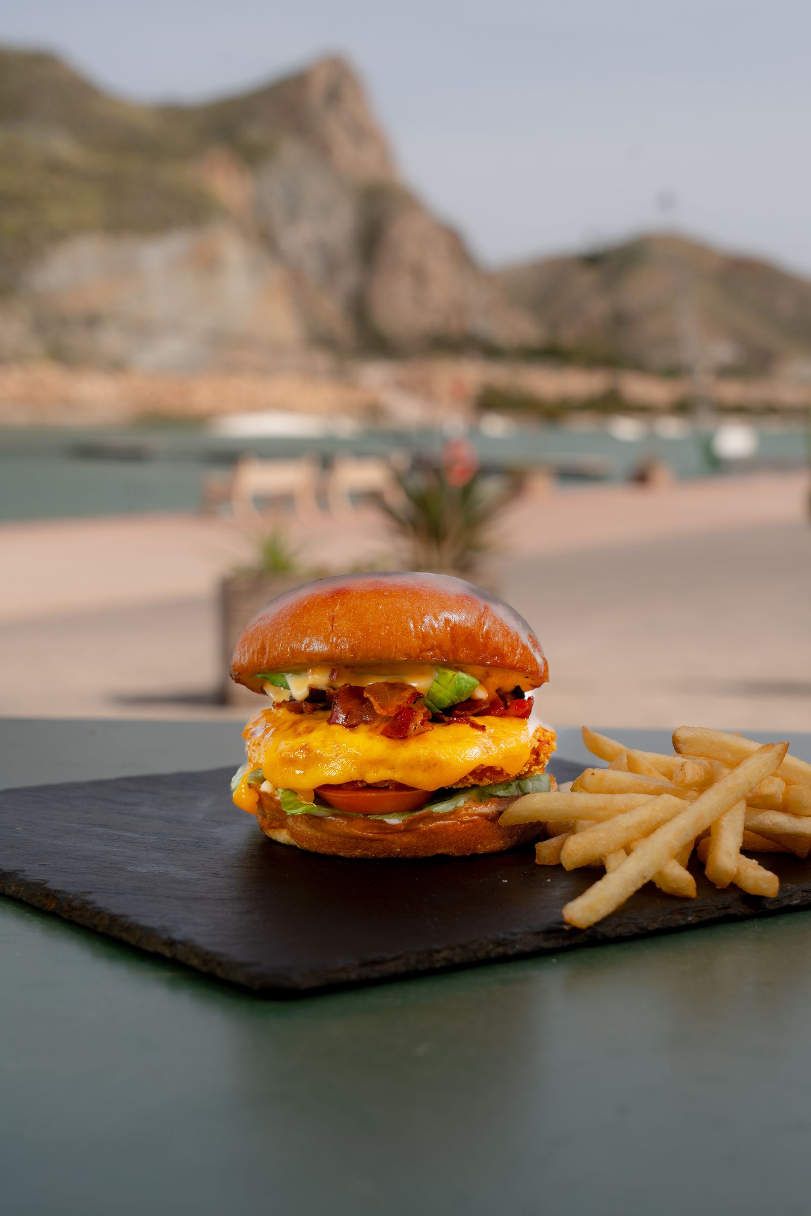 Gourmet burger at Lunar Beach Bar